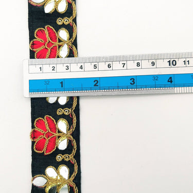 Black Silk Trim With Mirrors Embellishments and Gold Embroidery, Approx. 38mm Wide, Decorative Trim Costume Trim Floral Trim By Yard